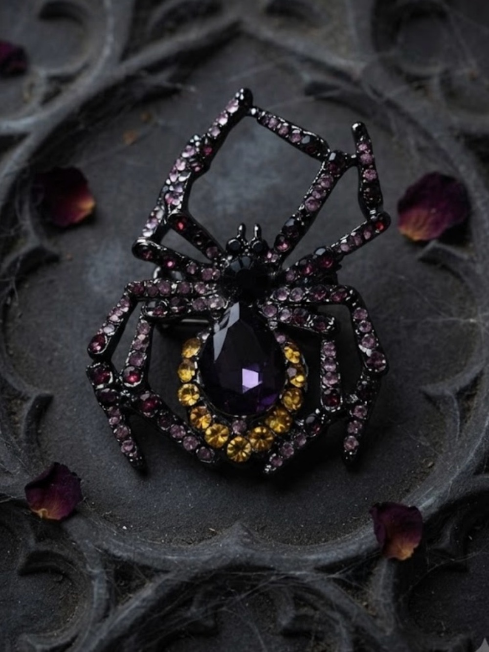 Gothic Spider Brooch with Purple and Gold Stones